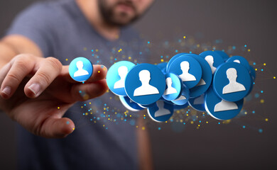 holding 3D rendering group of blue people