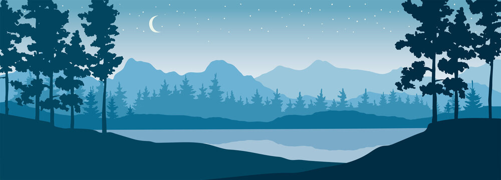 Winter landscapes with mountains and pines. Vector illustrations, narrow background -- Nordic mountain lake.