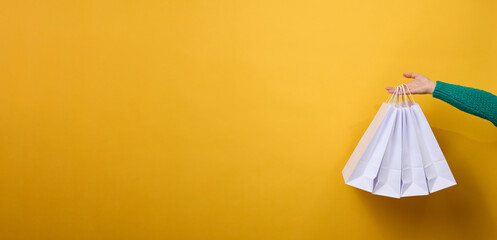 female hand holds a paper disposable bag with handles for groceries and clothes. Recyclable...