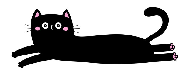 Cute lying cat. Kawaii cartoon baby pet character. Long body. Cute chilling black kitten head face. Happy Halloween. Greeting card print. Flat design. Isolated. White background.