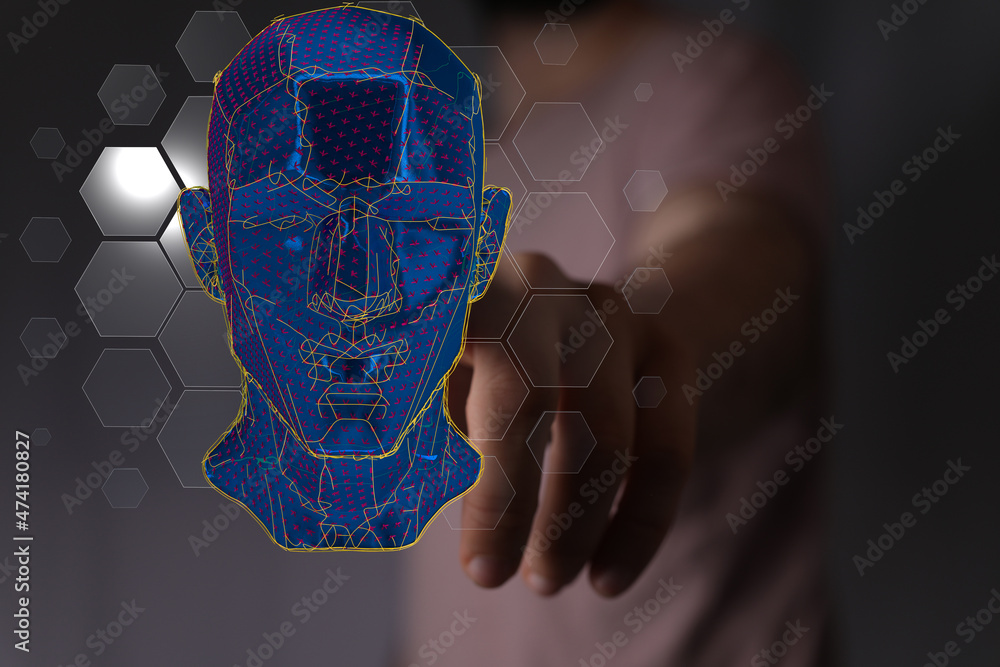Poster human head and brain with artificial intelligence concept
