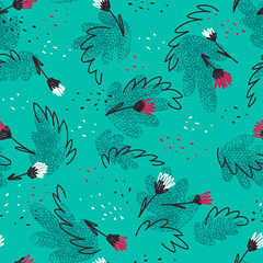 Summer seamless pattern with floral motifs in doodle style. A dynamic composition of floral and plant motifs. Spring and summer seasons. Flat vector illustration.
