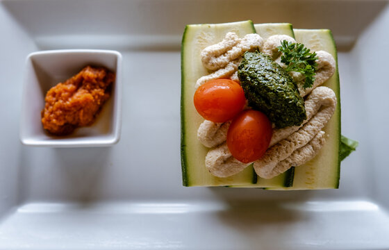 Raw Vegan Food, Vegan, detox Top view, flat lay, Lasagne with Spinach and tomato