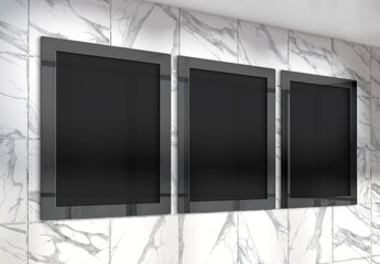 Three vertical frames Mockup hanging on wall. Mock up of billboards in modern marble office interior 3D rendering