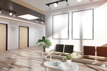 Two vertical frames Mockup hanging in office waiting room. Mock up of billboards in modern concrete interior 3D rendering