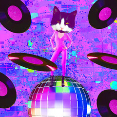 Disco Star Kitty in stylish vinyl space. Contemporary art collage. Party, music, nightlife clubbing...