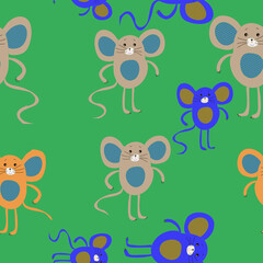 Seamless cartoon colored  mouses. Hand drawn.