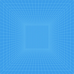 Grid room in perspective, vector illustration in 3d style. Indoor wireframe from blue lines, template interior square, digital empty box. Minimal background design