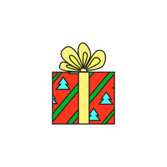 illustration. Festive gifts. Red box in Christmas trees and green stripes with a yellow ribbon. Multicolored boxes with bows.