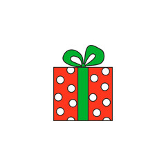 illustration. Red box with white polka dots with a green ribbon. Festive gifts. Multicolored boxes with bows.