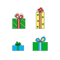 illustration. Festive gifts. Set of holiday boxes. Blue, yellow, green colors. Gift boxes. Presents. Multicolored boxes with bows.
