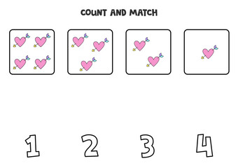 Counting game with cute pink hearts. Math worksheet.