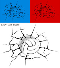 ball for volleyball hit wall powerfully and damaged, cracks on wall. Sports design element. Active lifestyle. Vector on white or color background with cracks