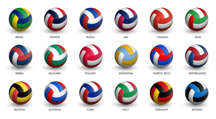 Realistic volleyball balls in colors of national flags of countries participating in competition. Volleyball tournaments, rating. Vector isolated on white back