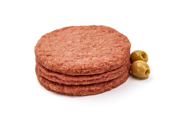 Raw burger cutlets, ingredients for hamburger, isolated on white background.