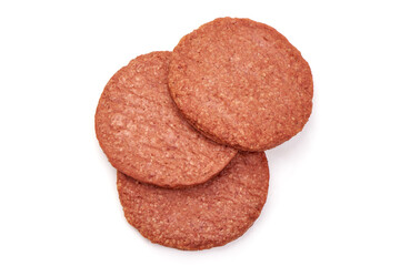 Raw burger cutlets, ingredients for hamburger, isolated on white background.
