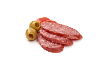 Cured salami sausage slices, isolated on a white background.