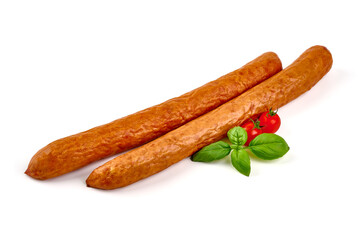 Traditional Smoked pork sausage, isolated on white background.