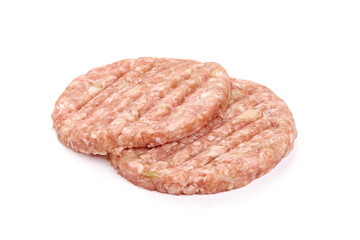 Obraz premium Burger patties, ready to fry, burger cutlets, isolated on white background. High resolution image.