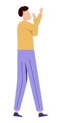 A man with his hands raised, painted in a flat style, with curly hair and bright clothes, a yellow sweater and purple pants. Vector illustration