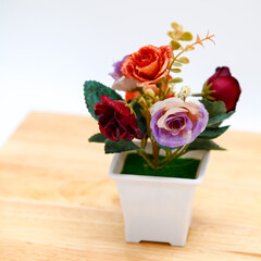 Flowers,red,orange,purple,flowerpot,Roses in pots placed on a wooden floor.