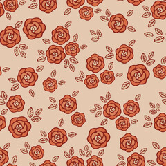 Seamless pattern with cute hand drawn roses and leaves. Floral background for textile, fabric manufacturing, wallpaper, covers, surface, print, gift wrap, scrapbooking. Vector.