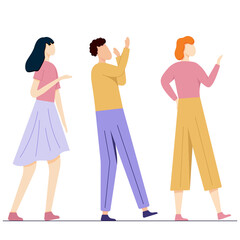 A group of people walking forward in bright clothes, young adult drawn in a flat style. Vector illustration
