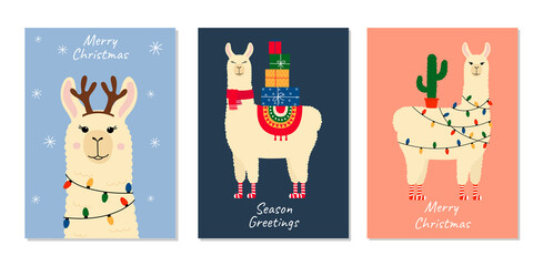 Set of Christmas greeting cards with cute llama. Template for nursery, poster, Christmas, birthday greeting card, invitation.