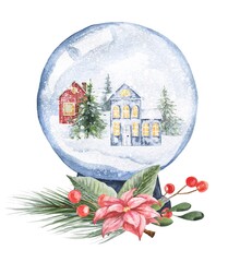Watercolor Christmas glass snow ball on white background. Watercolour winter season illustration.
