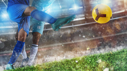 Football scene with competing soccer players at the stadium