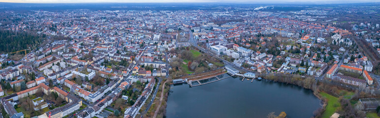 Aerial view of the city Darmstadt in Germany. On a overcast day in Autumn. 