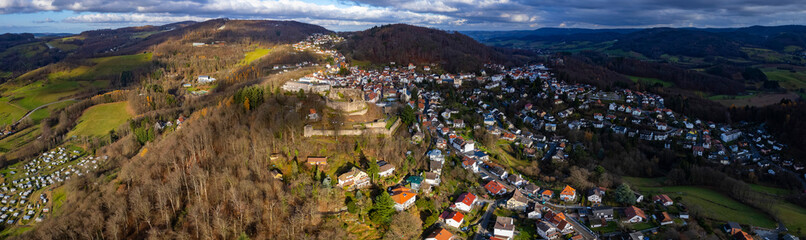 Aerial view of the city Lindenfels in Germany. On a overcast day in Autumn. 