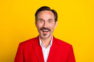 Photo of mature man impressed face reaction information discount isolated over yellow color background