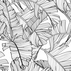 Cotton fabric Botanical seamless pattern, hand drawn line art banana leaves on white. Printable black white wallpaper or textile illustration.