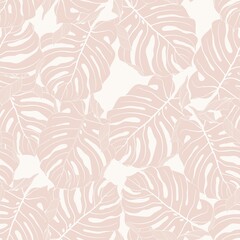 Floral seamless pattern, beige split-leaf Philodendron monstera plant on white background, line art ink drawing.