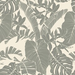 Cotton fabric Exotic flower and palm bananas leaves illustration. Light pastel vintage green seamless pattern.