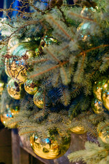 lot golden balls decoration christmas tree shining