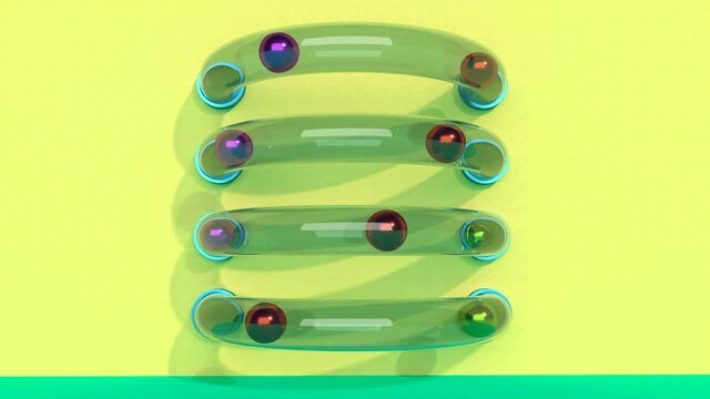 Minimal motion graphic intro Metal Balls running through glass tube yellow wall in 3d style able to loop seamless 4k