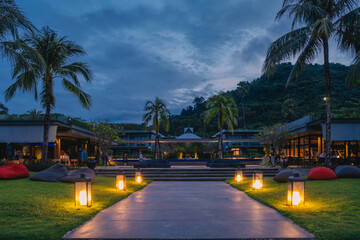 Luxury hotel on the beach of Thailand whit swimming pool and palm trees