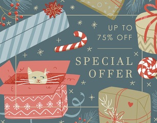 Web banner cute design illustration with dark blue background, golden sparkles stars, cat in the box, gift boxes, pine branches with Special offer 75% off sign - 474186473