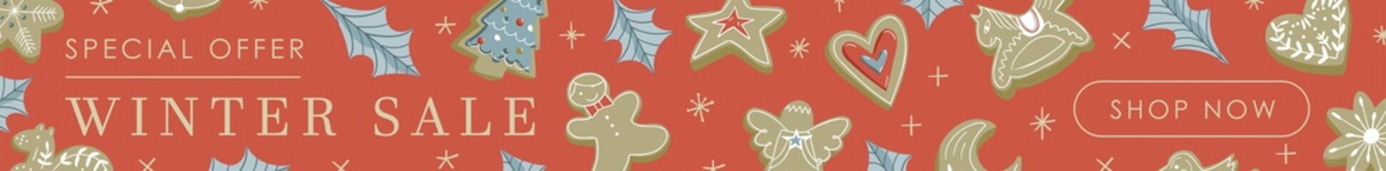 Web banner cute design illustration with red background, beige sparkles stars, cookies, holly leaves with Special offer Winter sale Shop now button sign - 474186609
