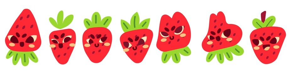 Set of Cute Flat Strawberry Emoticon