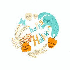 Halloween frame with pumpkins, monsters and skulls on an isolated white background