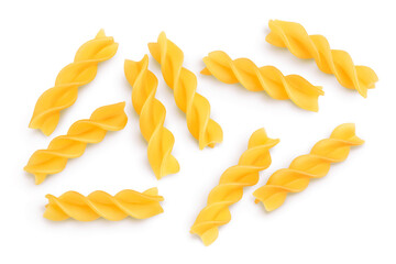 raw Fusilli pasta, isolated on white background with clipping path and full depth of field. Top...