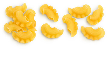 Pasta cornetti creste macaroni isolated on white background with clipping path. Top view with copy space for your text. Flat lay