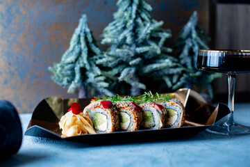 christmas red sushi in box snow