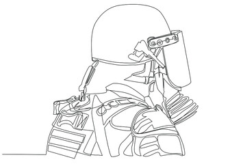 Policeman in uniform, helmet, gas mask drawing creative art design. Artistic drawing of police going to intervene in rioting people.