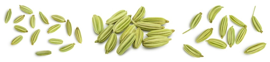 Dried fennel seeds isolated on white background with clipping path. Top view. Flat lay. Set or collection