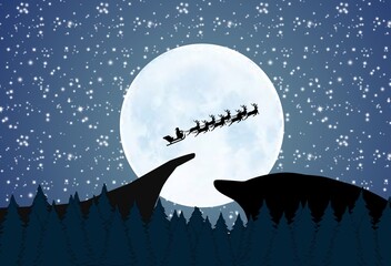 Christmas fantasy Santa Claus and Reindeer passing through the moon