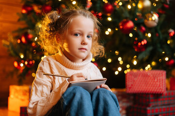 Close-up of adorable dreaming little blonde child girl writing letter to Santa Claus sitting on floor looking at camera, on background of Christmas tree and gift boxes, at home with festive interior.